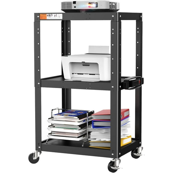 Metateel 3 Shelf Metal Utility Cart - Durable Computer Cart on Wheels with Height Adjustable AV Presentation Cart Stand for Movie Projector,TV and Laptop Computers,Easy to Assemble (Black)