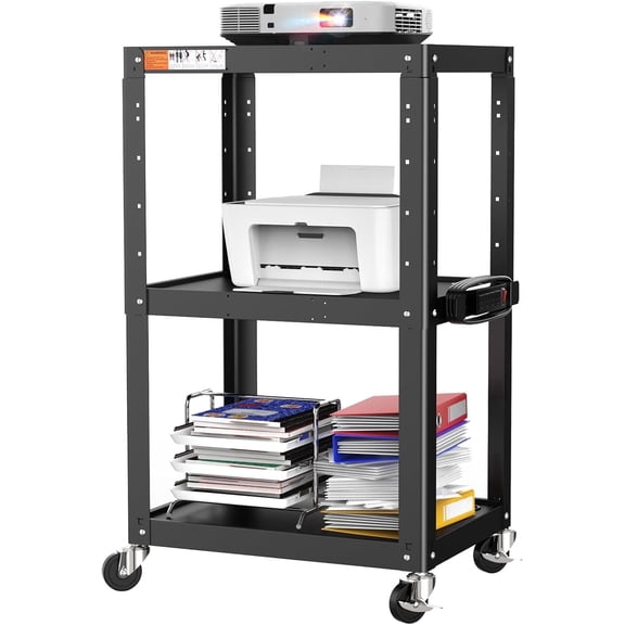 Metateel 3 Shelf Metal Utility Cart - Durable Computer Cart on Wheels with Height Adjustable AV Presentation Cart Stand for Movie Projector,TV and Laptop Computers,Easy to Assemble (Black)