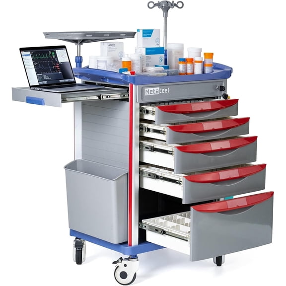 Metateel 5-Tier Medical Cart with Wheels, Hospital Emergency Rolling Crash Carts with Adjustable IV Pole, Cardiac Board, O2 Holder, Power Strip, Trash Bin - Ideal Nursing Cart for Clinics, Hospitals
