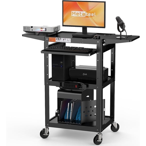 Metateel All-Steel Rolling AV Cart with Adjustable Height – Heavy-Duty Media Workstation with Drop-Leaf Shelves & Wheels for Projectors, Laptops, Printers – Classroom, Office & Studio (Black)