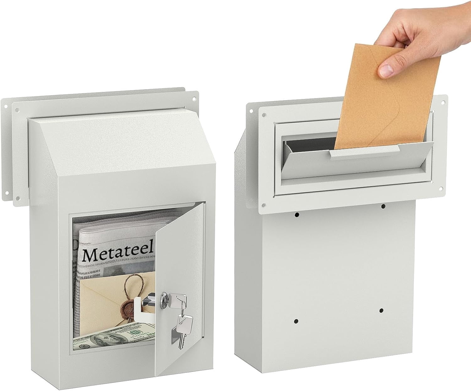 Metateel Door Drop Box for Mail, Rent, Deposit, and Night Key - Through The Door Locking Steel Mailbox with Rear Access | 9.75” L x 4.25” W x 14.75” H (White)
