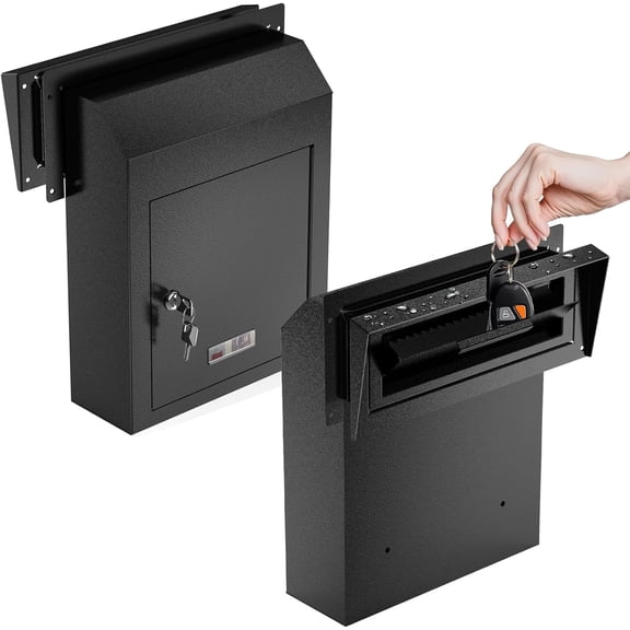 Metateel Through The Door Locking Mail Drop Box with Rain Cover Mail Slot, Heavy Duty Door Mount Mailbox for Key Rents Cash Checks Letters, Safe Deposit Drop Box for House Office Commercial, Black