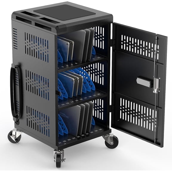 Metateel Fully Assembled 30 Bay Mobile Charging and Storage Cart for iPad, Chromebook and Laptop Computer with Keypad Lock,Up to 14-in Screen Size,Front & Back Access Locking Cabinet (Black)