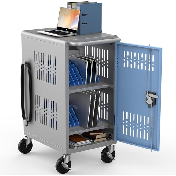 Metateel Fully Assembled Laptop and Tablet Charging Cart for Up to 14" Screen Size – 20 Device Mobile Storage Cabinet Fits Chromebook, iPad, Laptop, Ideal for Classroom, School & Office (Gray)