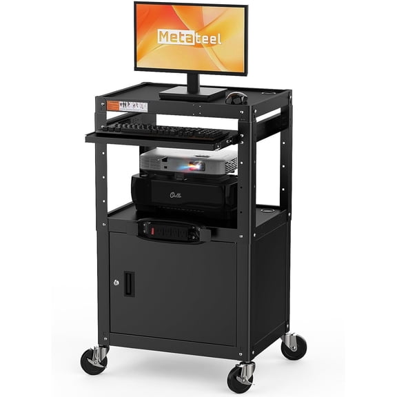Metateel Steel Large AV Cart with Extra Storage - Adjustable Height Cart with Locking Cabinet, Pullout Tray, Power Strip, and Cord Management - Holds 300 lbs & Easy to Assemble (24'' x 18'' x 42'')