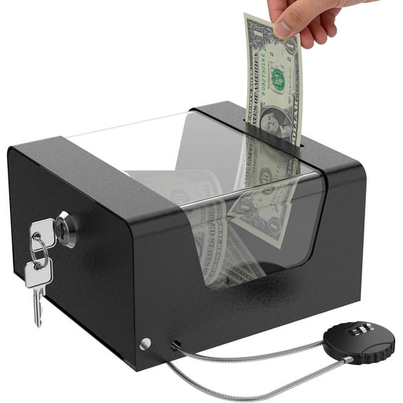 Metateel Steel Locking Tip Box - Heavy Duty Secure Tip Jar with Combination Cable Lock - for Collecting Donation, Suggestion, Business Card, and More