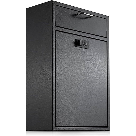 Metateel Wall Mounted Drop Mail Box with Combination Lock, Locking Security Cash Key Drop Box for House Apartments Business After Hour Deposit (Black)