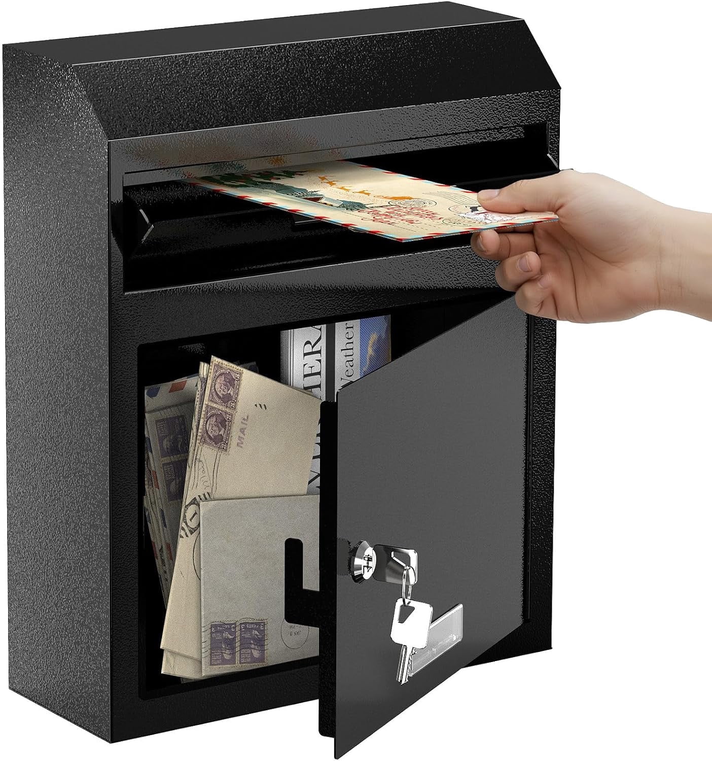 Metateel Wall Mounted Locking Mailbox – Heavy Duty Key Drop Box with Anti-Theft Design for Rents Cash Mails Deposits Checks Envelopes – 12"W x 4.25"D x 14.75"H (Black)