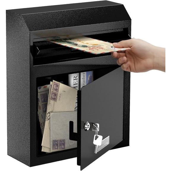 Metateel Wall Mounted Locking Mailbox Heavy Duty Key Drop Box with Anti-Theft Design for Rents Cash Mails Deposits Checks Envelopes 12"W x 4.25"D x 14.75"H (Black)