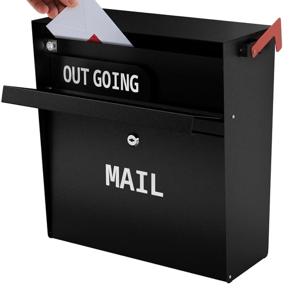 Metateel Wall Mounted Locking Mailbox with Outgoing Mail Slot, Secure Drop Box for Home or Office, Weatherproof Steel Mail Box with Key Lock and Red Flag (Black)
