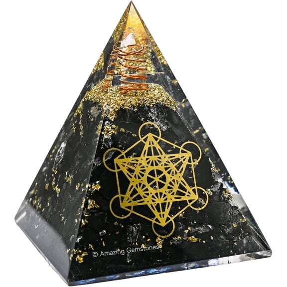 Metatron Cube Orgone Energy Pyramid with Black Tourmaline Crystals and Healing Stone