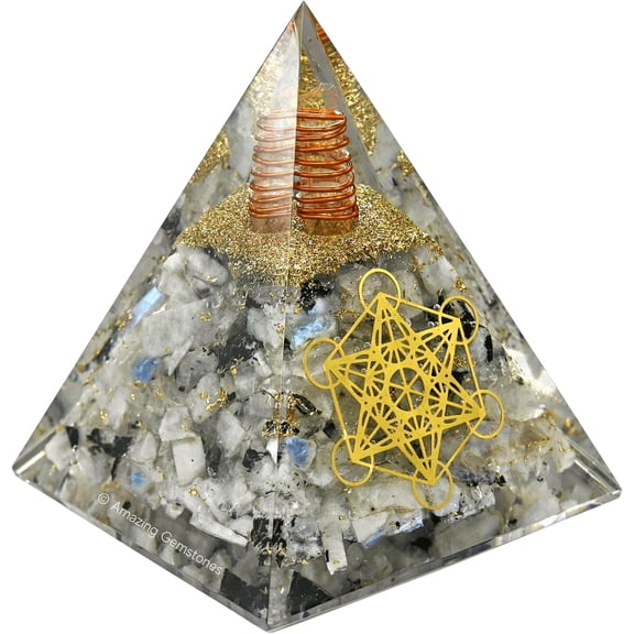 Metatron Cube Orgone Energy Pyramid with Rainbow Moonstone Crystals and Healing Stone (Large 105 MM)
