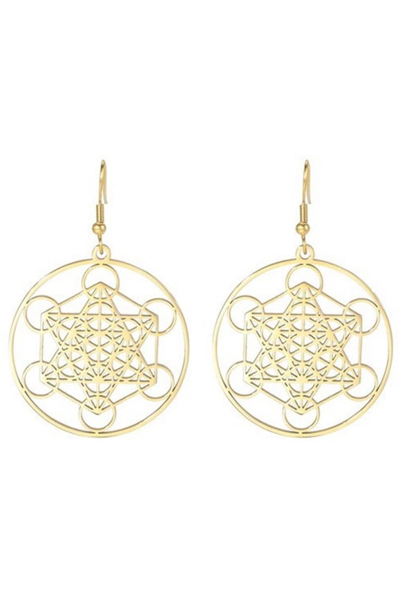 Metatrons Cube Earrings Gold PVD 316L Stainless Steel Sacred Geometry Dangles Fantasy Forge Jewelry