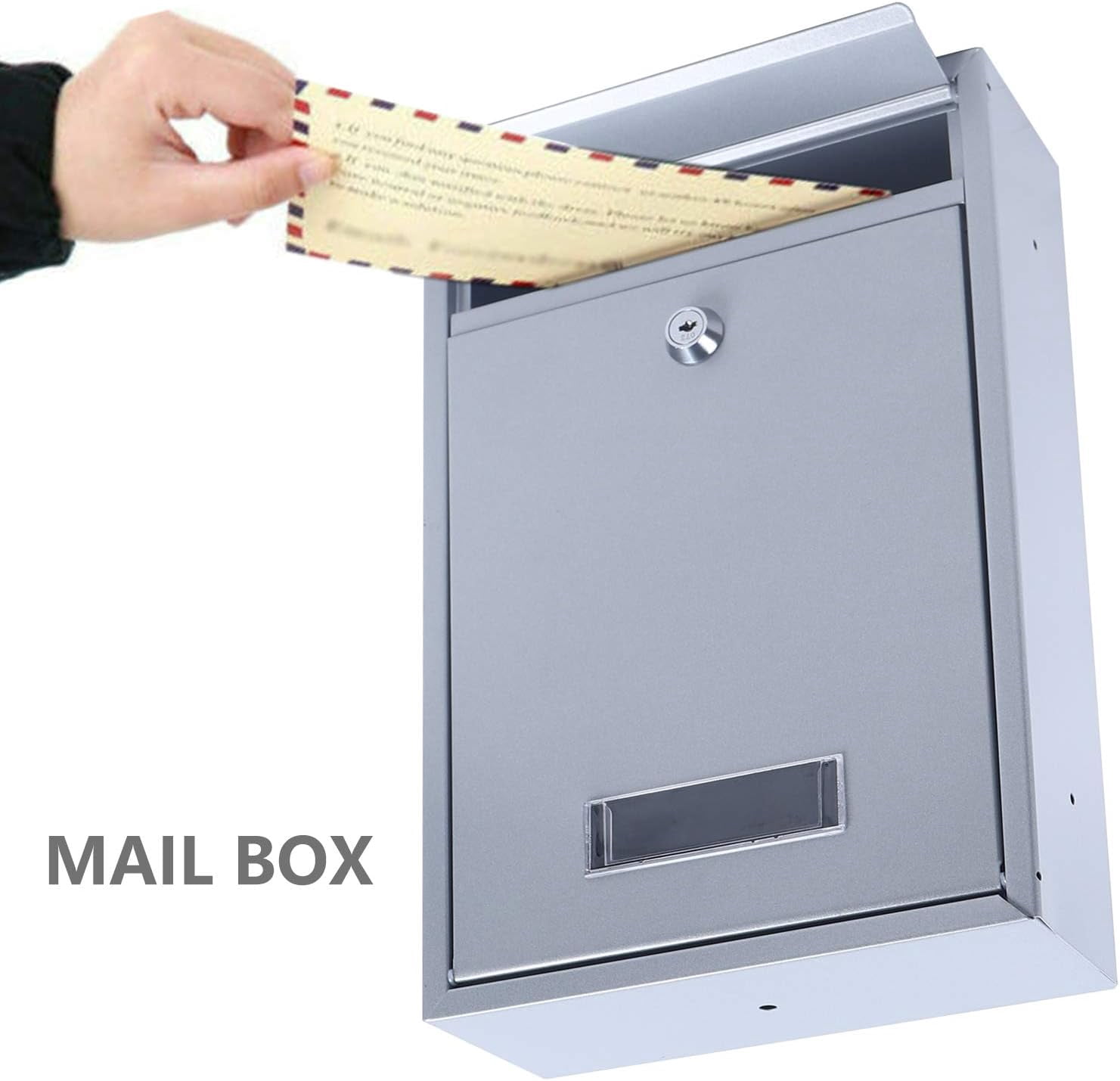 Metel Mail Boxes, Wall Mount Mailbox Square Metal Newspaper Inbox Lockable Large Capacity Mailbox with 2 Keys Silver (8.38“ * 3.35” * 12.59“)