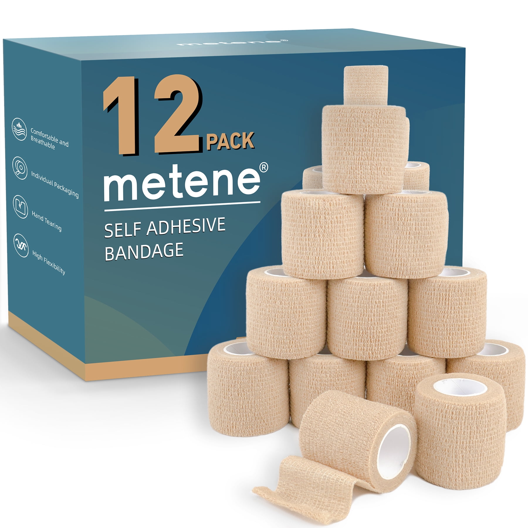 Metene 12 Pack Adhesive Bandages, Athletic Tape 2 inches x 5 Yards, Sports  Tape, Breathable, Waterproof 