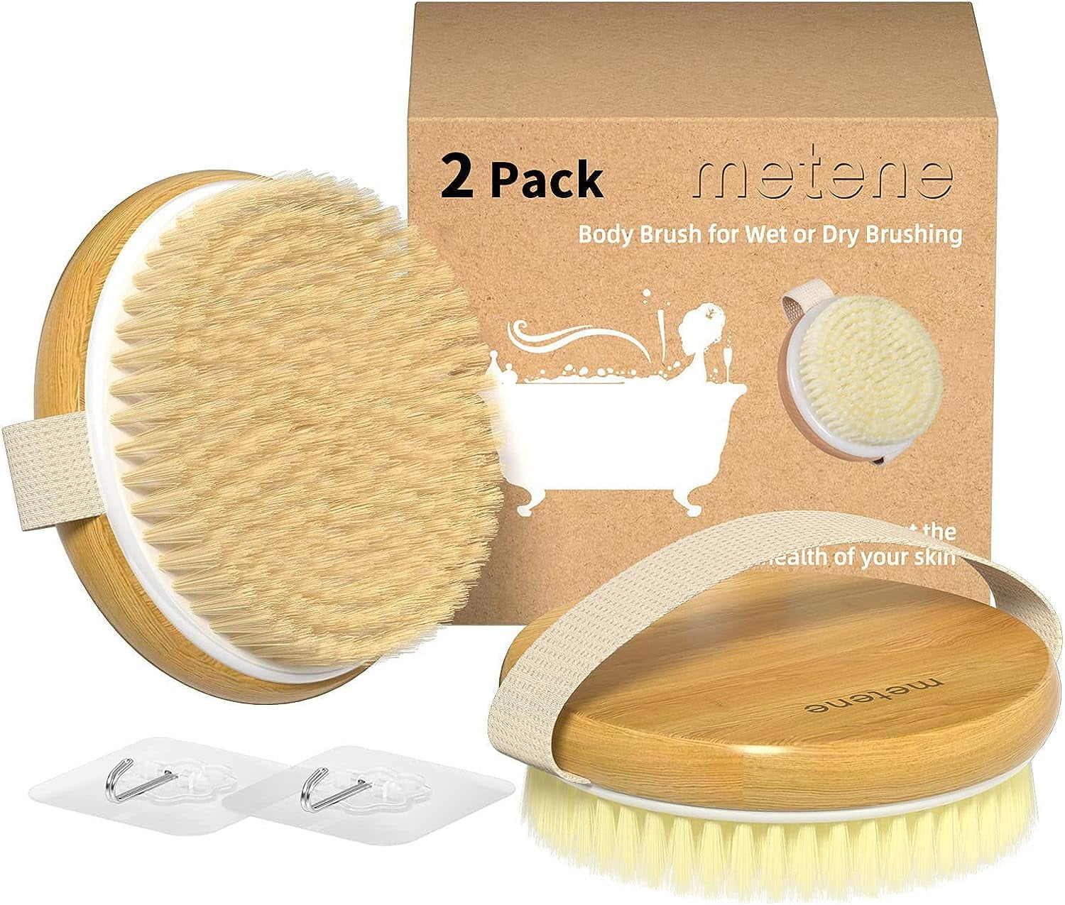 Metene 2 Pack Dry Body Brush, Shower Brush Wet and Dry Brushing, Dry Brush for Cellulite