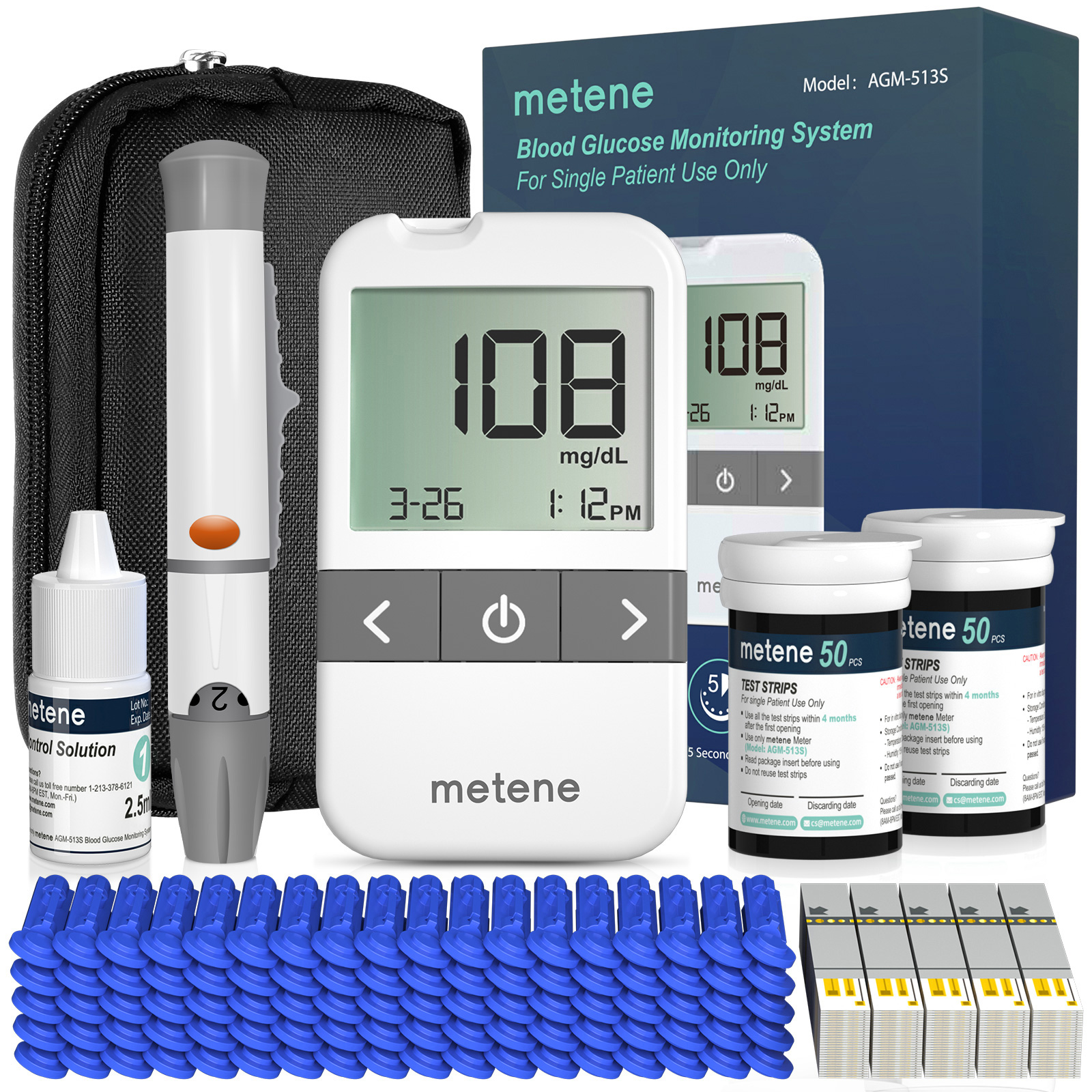 Metene AGM-513S Blood Glucose Monitor Kit, 100 Glucometer Strips, 100 Lancets, 1 Blood Sugar Monitor, 1 Control Solution, Lancing Device and Carrying Bag, No Coding - image 1 of 7