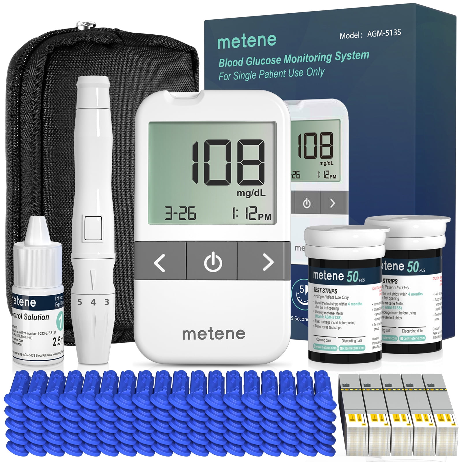 Metene AGM-513S Blood Glucose Monitor Kit, 100 Glucometer Strips, 100  Lancets, 1 Blood Sugar Monitor, 1 Control Solution, Lancing Device and  Carrying Bag, No Coding 