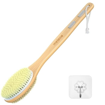 Metene Bamboo Shower Body Exfoliating Brush, Bath Back Cleaning Scrubber with Long Handle, 1 Hook