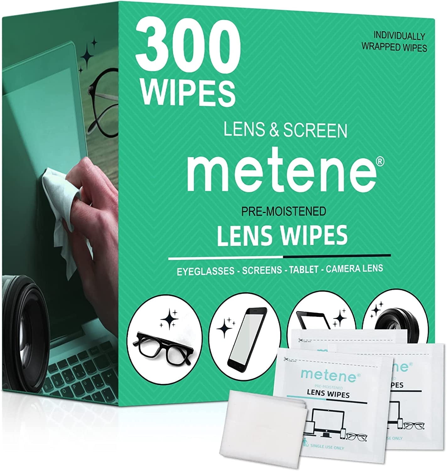 Metene Lens Cleaner Wipes, Pre-Moistened Electronic Glasses Wipes, 300 Count