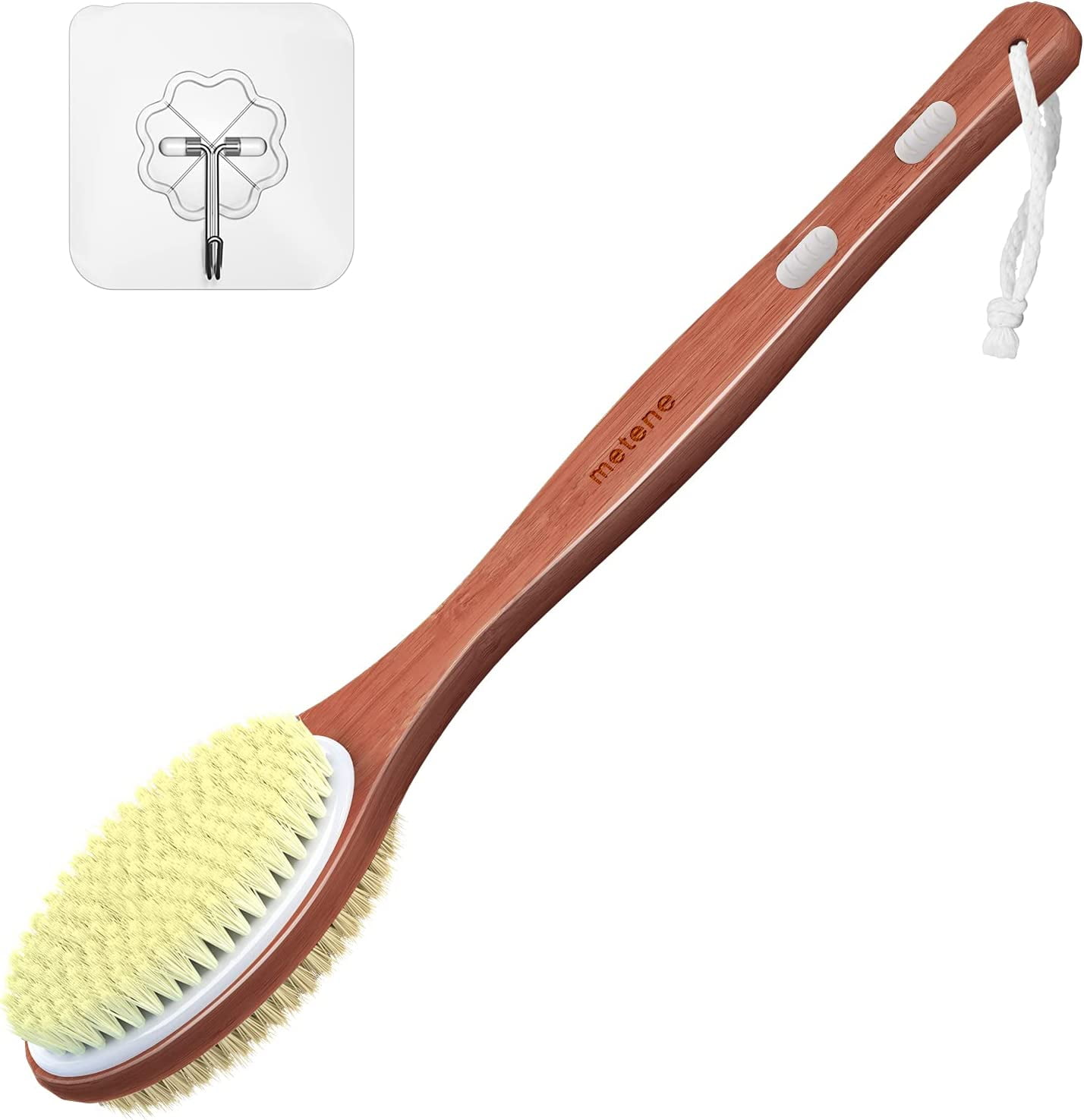 Metene Shower Brush with Soft and Stiff Bristles, Bath Dual-Sided Long Handle Back Scrubber Body Exfoliator for Wet or Dry Brushing