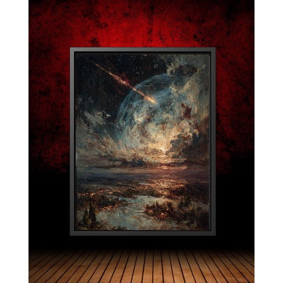 Meteor And Planet Earth , Cosmic Starry Sky Wall Art, Dark Academia Astronomy Decor, Celestial Landscape Artwork Unframed Paper Print