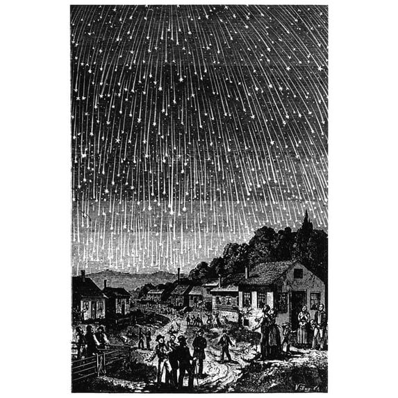 Meteor Shower, 1833. /Npeople Observing A Meteor Storm Above A Village In 1833. Wood Engraving By Adolf Vollmy, C1888. Poster Print by (18 x 24)