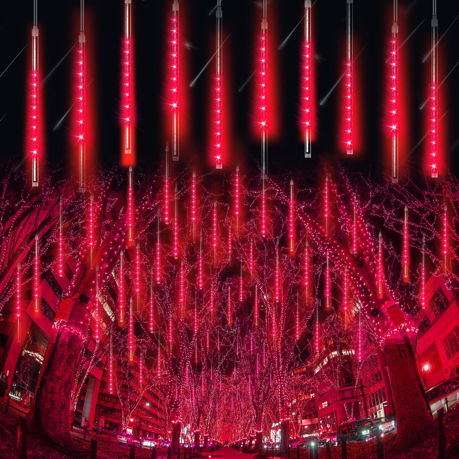 Meteor Shower Lights 16 Inch 360 LED 10 Tubes Red Christmas Lights