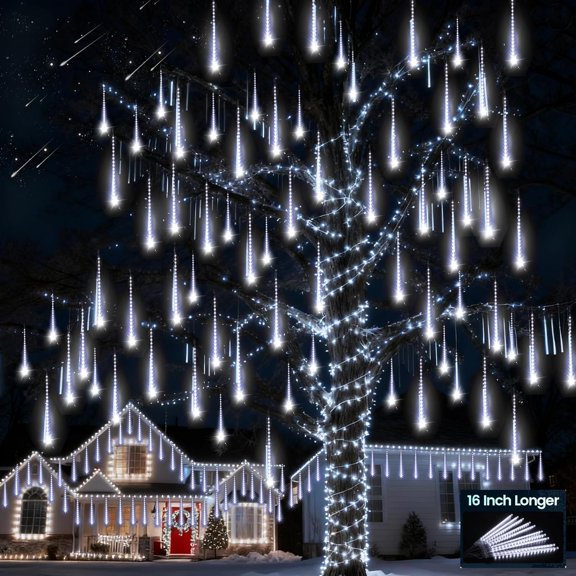 Meteor Shower Lights Outdoor 16 Inch 360 LED Christmas Lights White | 10 Tubes, Timer Function, Waterproof Falling Rain Lights, Snowfall Icicle Lights for Xmas Tree Yard Porch Patio Decoration