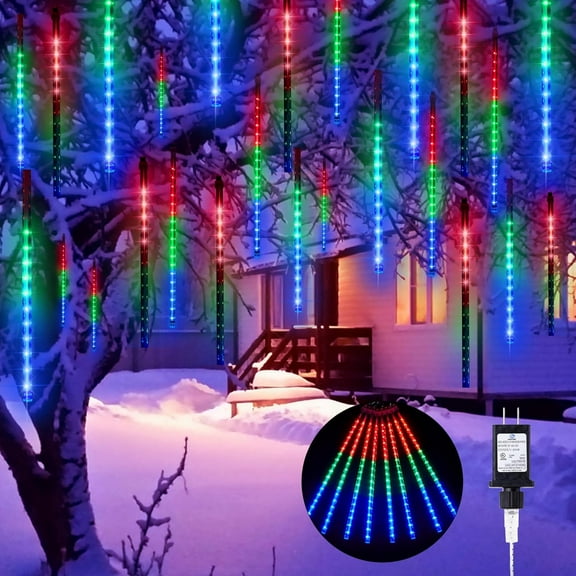Meteor Shower Lights Outdoor, 16 Inches 16 Tubes 576 LED Icicle Lights, Waterproof Meteor Christmas Light, Hanging Falling Rain Light for Tree Holiday Party Christmas Decor, Multicolor