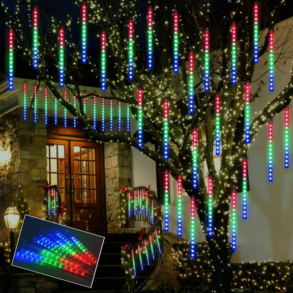 Meteor Shower Rain Lights, 8 Tubes 192 LED Falling Rain Lights Extendable Icicle Cascading Plug in Snow String Lights for Holiday Party Patio Garden Decoration (Multi-Colored)