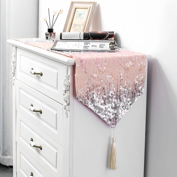 Meteor Shower Table Runner,Pink Sequins Table Runners With Tassel,Non-slip Table Runners For TV Cabinet Coffee Table Dining Table-Pink-32x200cm