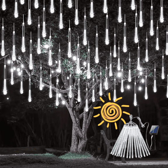 Meteor Shower White Light, Outdoor Solar Powered Icicle Light, Snowflake Falling Rain String Light, Christmas Tree Light, 10 Tubes, 11.8 Inches, 300 Led, Suitable For Halloween, Holiday Parties