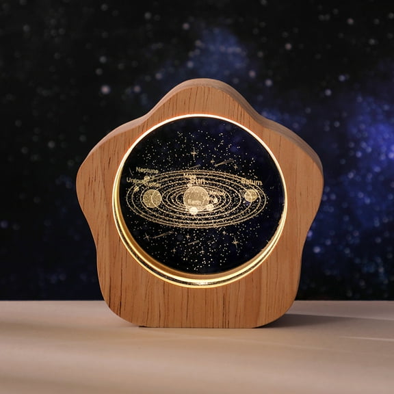 Meteor Solar System Crystal Ball with Wooden Light Base, 3D Laser Etched Glass Sphere Decorative Balls Paperweight Gift(60mm)