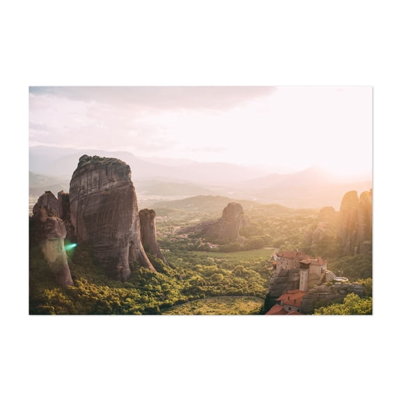 Meteora monasteries at sunset | mountain landscape photo in Greece - Greece Photography Landscape Mountain Nature Scenic Sunset Travel Poster Architecture Unframed Wall Art Print 8 x 12 inches