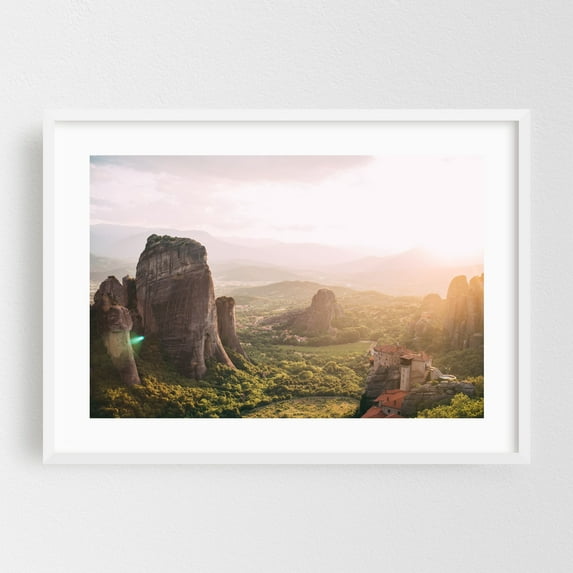 Meteora monasteries at sunset | mountain landscape photo in Greece - Greece Photography Landscape Mountain Nature Scenic Sunset Travel Poster Architecture White Framed Wall Art Print 5 x 7 inches