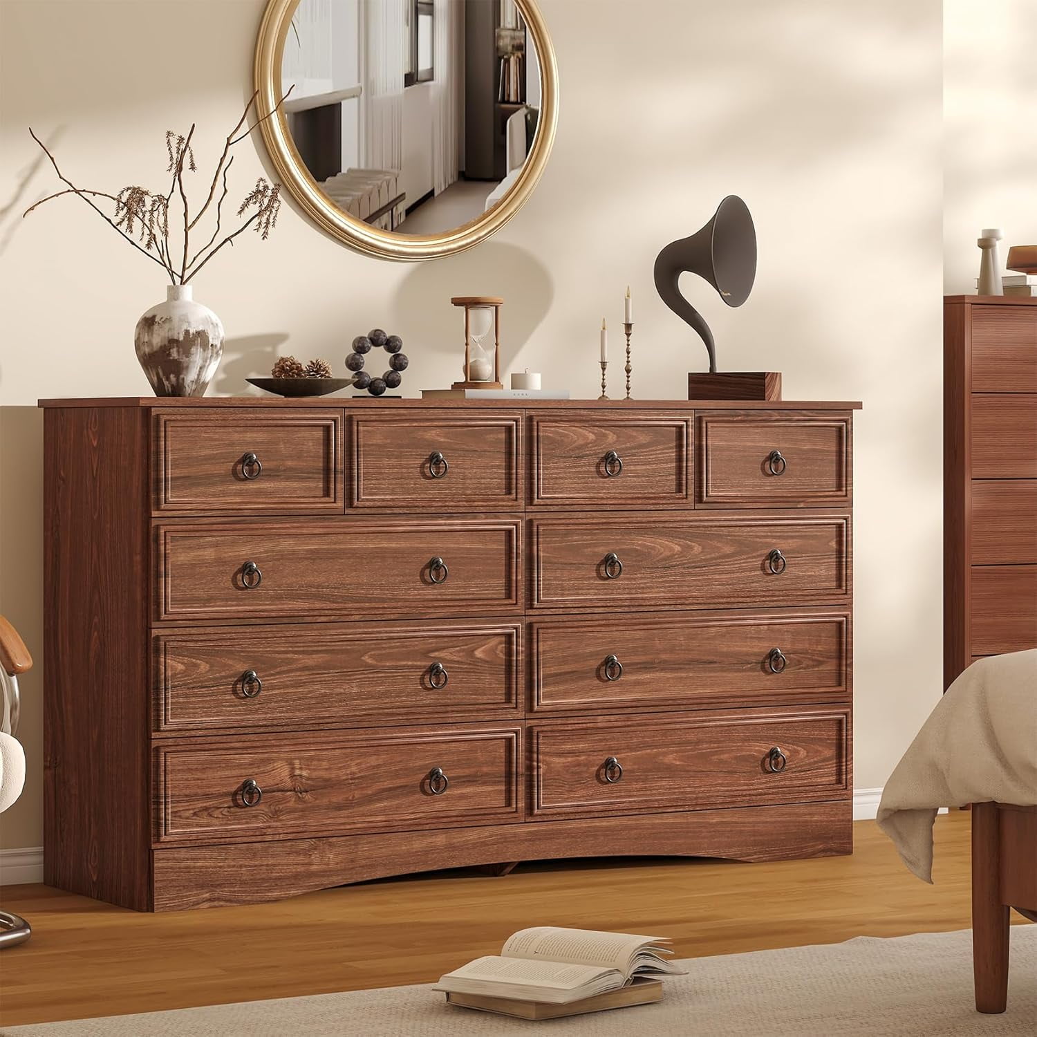 Meteorleg 10 Drawers Dresser for Bedroom, 55.2 Inch Wide Large Dressers & Chests of Drawers, TV Stand for 65 inch, Storage Organizer Furniture, Hallway, Entryway, Closet,Cherry