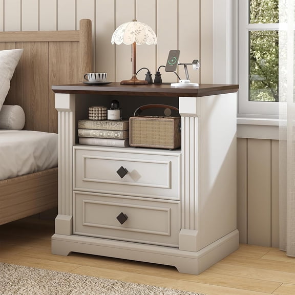 Meteorleg 2 Drawers Farmhouse Nightstand with Charging Station, Rustic Bedside Tbale with Roman Column for Bedroom, Vintage End Table with Open Shelf for Living Room, White