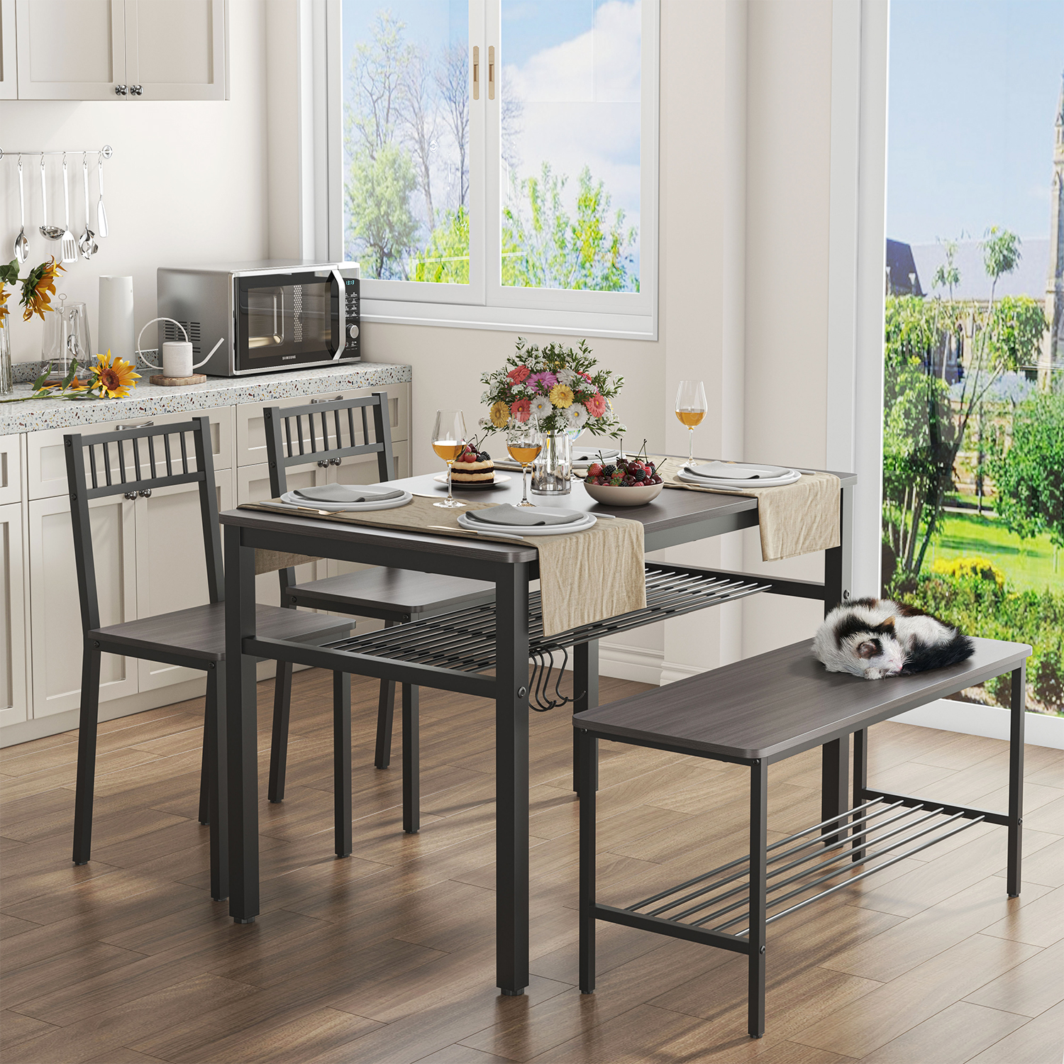 Gymax 4pcs Dining Table Set Rustic Desk 2 Chairs & Bench w/ Storage ...