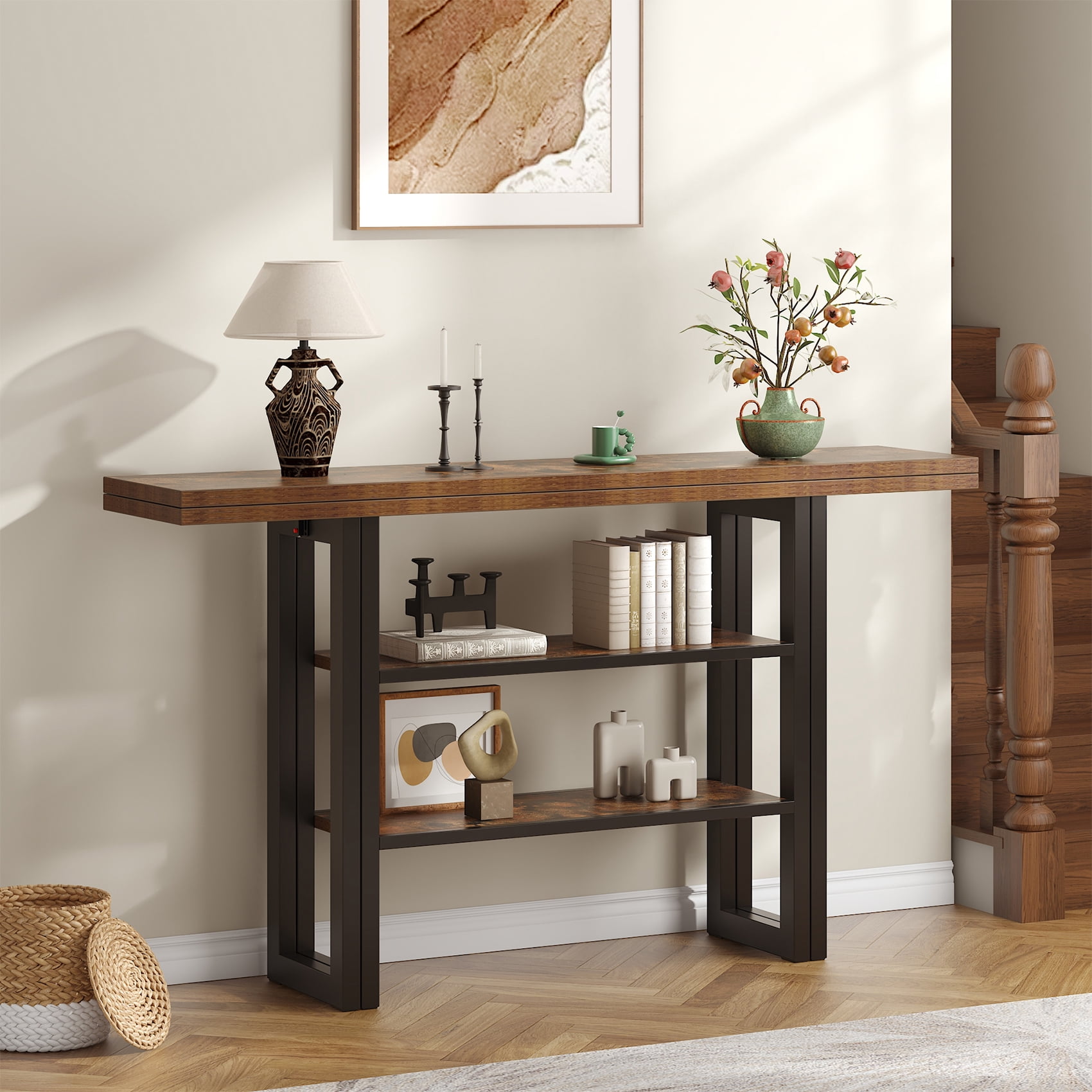 Meteorleg 55.1 Inch Console Table, 3 Tier Narrow Sofa Table with Foldable Table Top, Wood Entryway Behind Couch Table for Hallway, Living Room