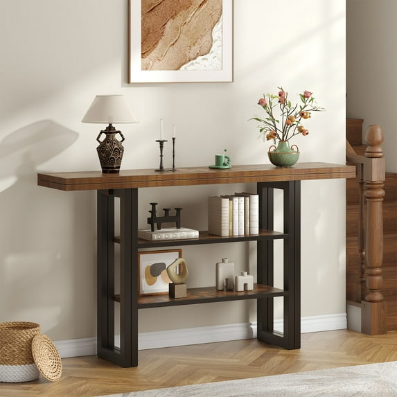 Meteorleg 55.1 Inch Console Table, 3 Tier Narrow Sofa Table with Foldable Table Top, Wood Entryway Behind Couch Table for Hallway, Living Room