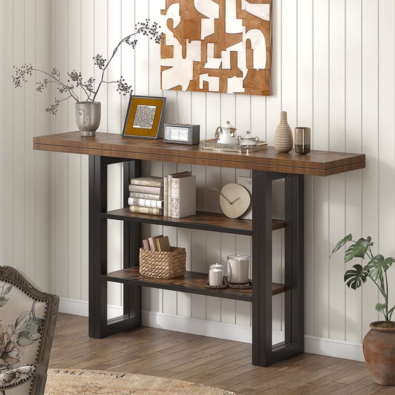 Meteorleg 55.1 Inch Console Table, 3 Tier Narrow Sofa Table with Foldable Table Top, Wood Entryway Behind Couch Table for Hallway, Living Room