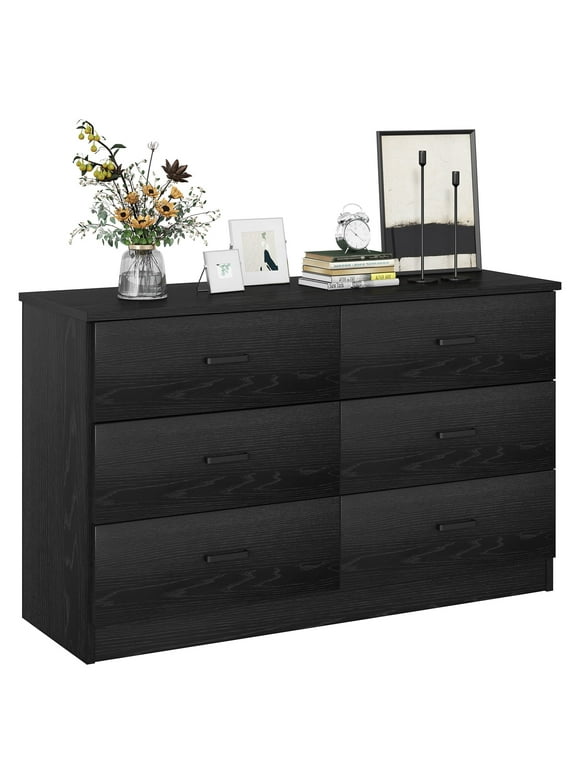 Meteorleg 6 Drawer Double Dresser,47.3'' Wide Chest of Drawers with Metal Handles,Storage Cabinet for Bedroom,Black