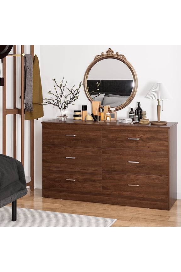 6 Drawer Double Dresser,47.3'' Wide Chest of Drawers with Metal Handles,Storage Cabinet for Bedroom,Brown