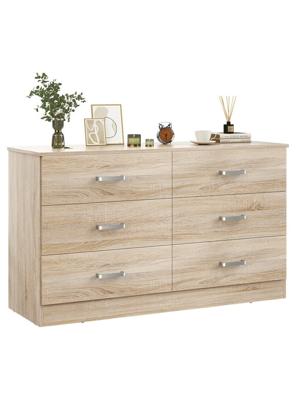 Meteorleg 6 Drawer Double Dresser,47.3'' Wide Chest of Drawers with Metal Handles,Storage Cabinet for Bedroom,Oak