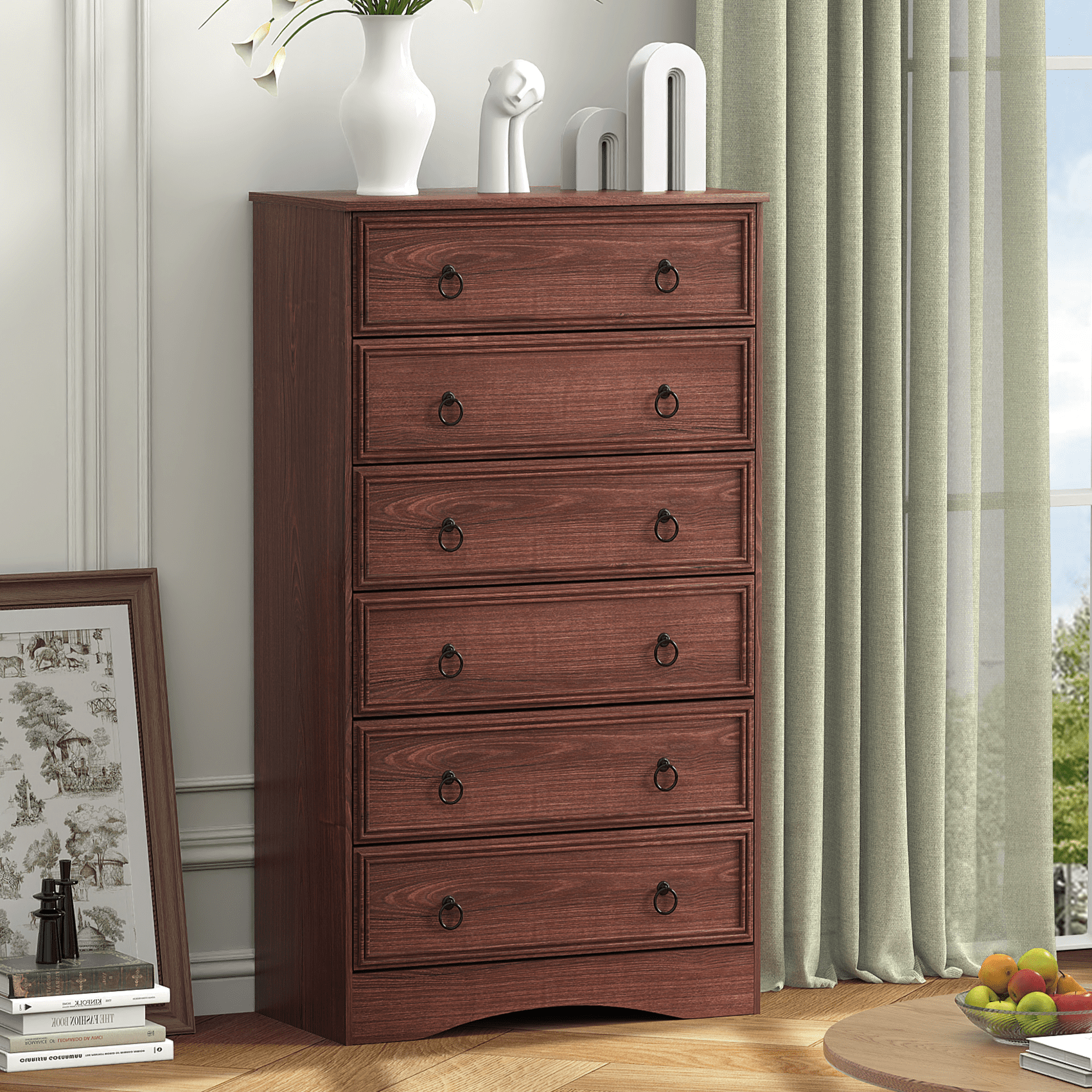 Meteorleg 6 Drawer Dresser 52" Tall for Bedroom, Wood 6 Chest Drawers, Storage for Clothes, Narrow Large Drawers, Taupe Vintage, for Living Room, Bedroom, Hallway,Cherry