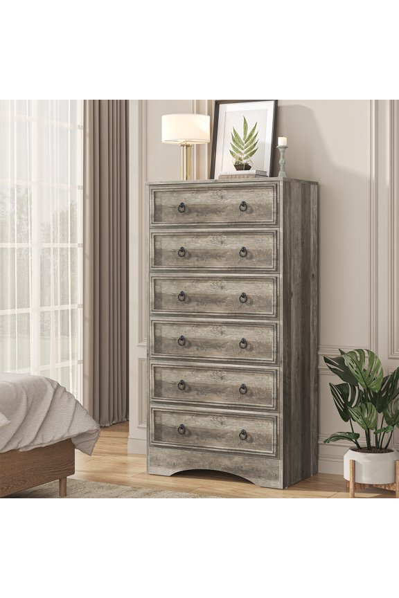 6 Drawer Dresser 52" Tall for Bedroom, Wood 6 Chest Drawers, Storage for Clothes, Narrow Large Drawers, Taupe Vintage, for Living Room, Bedroom, Hallway,Grey