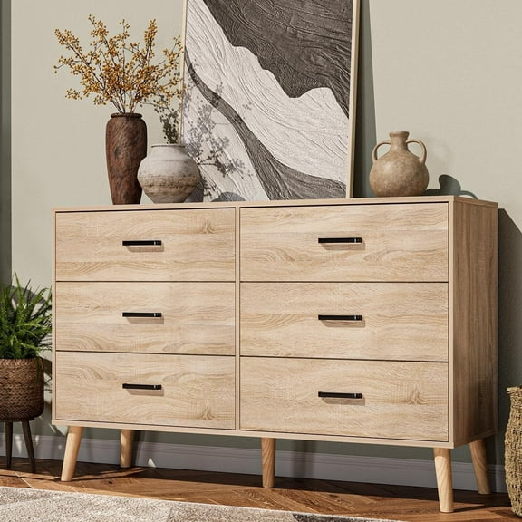 Meteorleg 6 Drawer Dresser for Bedroom, Wood Oak Dresser with Wide Drawers and Metal Handles,Modern Dresser Chest for Bedroom,Living Room,Entryway