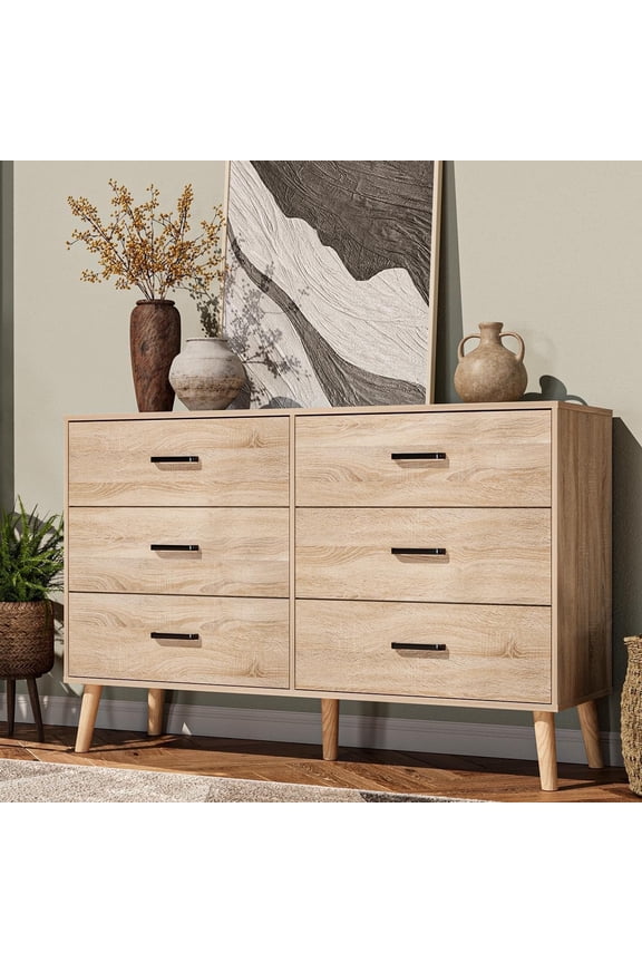 6 Drawer Dresser for Bedroom, Wood Oak Dresser with Wide Drawers and Metal Handles,Modern Dresser Chest for Bedroom,Living Room,Entryway