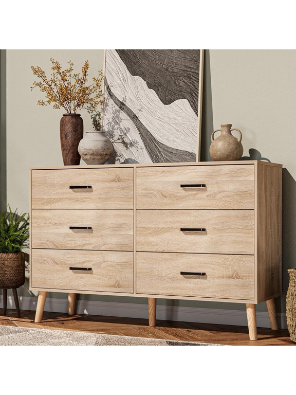 6 Drawer Dresser for Bedroom, Wood Oak Dresser with Wide Drawers and Metal Handles,Modern Dresser Chest for Bedroom,Living Room,Entryway